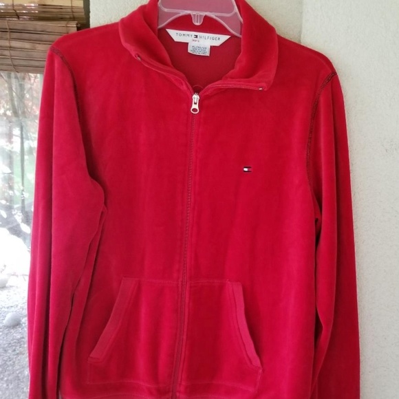Tommy Hilfiger Tops - Tommy Hilfiger full zip velour red track jacket SZ XL